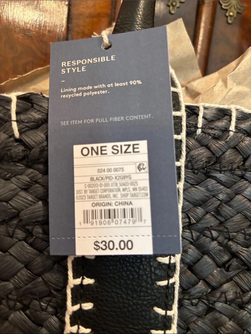 Universal Thread Black Woven Tote with Cream Stitching